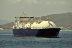 LNG carrier ship designed for transporting natural gas anchored