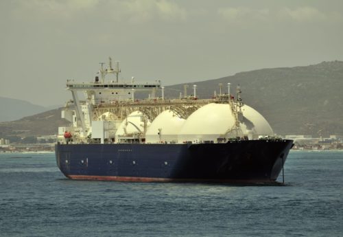 LNG carrier ship designed for transporting natural gas anchored