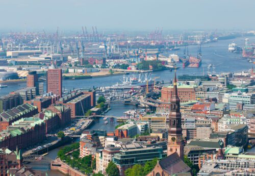 Aerial view of Hamburg port in a summer day