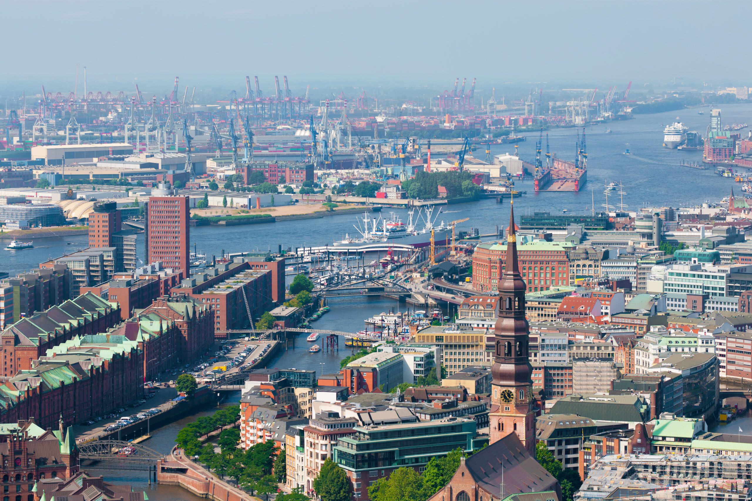 Aerial view of Hamburg port in a summer day