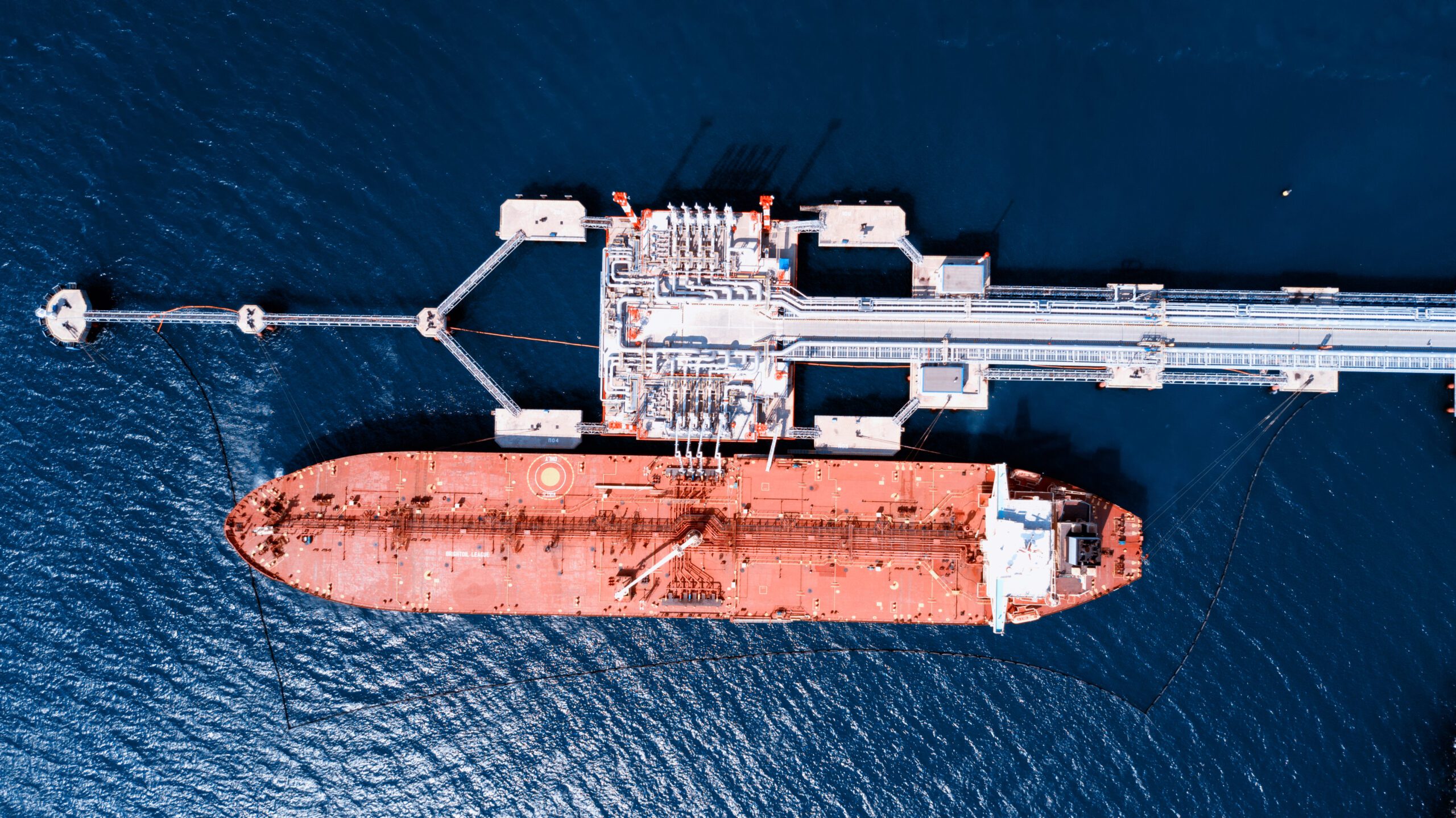 Oil tanker Loading in port view from above