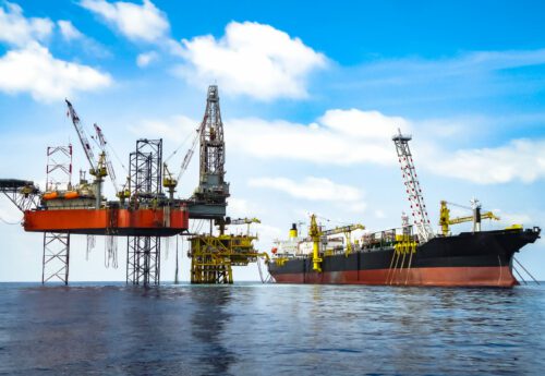 Detail view of drilling rig, platform and FPSO ship