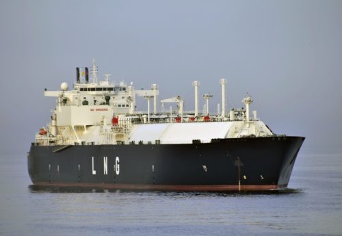 LNG carrier ship designed for transporting natural gas anchored