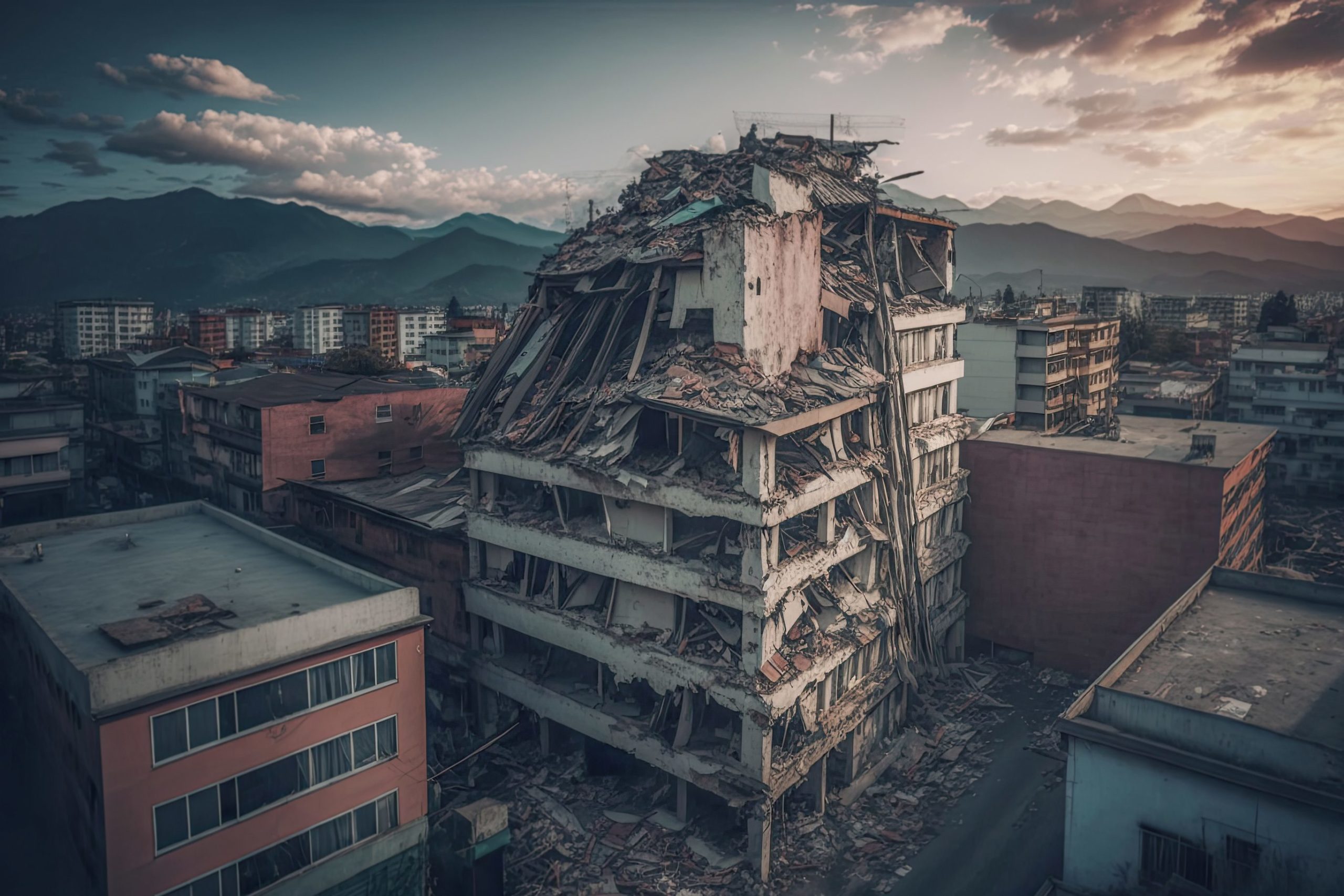 Aftermath of a destructive event, either an earthquake or shelling, in the Middle East, specifically in Turkey and Syria. A building, possibly a high-rise, has been severely damaged and partially.