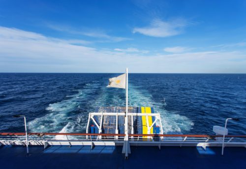 Cyprus flag on a ferry in the Mediterranean sea