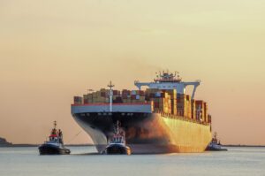 Containership entering or leaving the port
