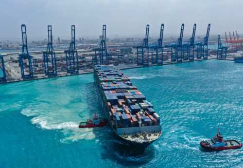 Jeddah Islamic Port with container vessel leaving