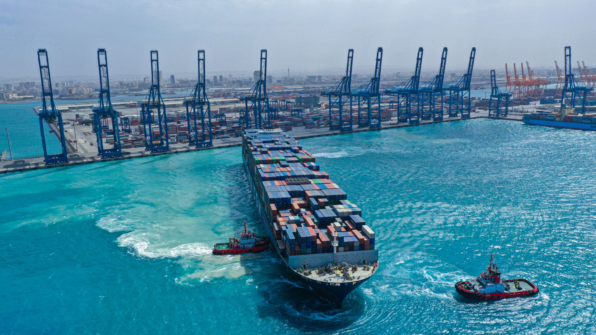 Jeddah Islamic Port with container vessel leaving