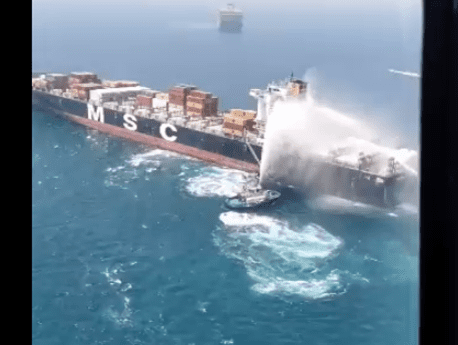 MSC container vessel burning off UAE
