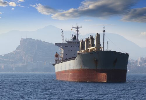 Bulk carrier in the anchorage of Alicante bay in Spain