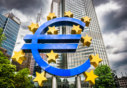 Euro sign at European Central Bank headquarters in Frankfurt, Germany