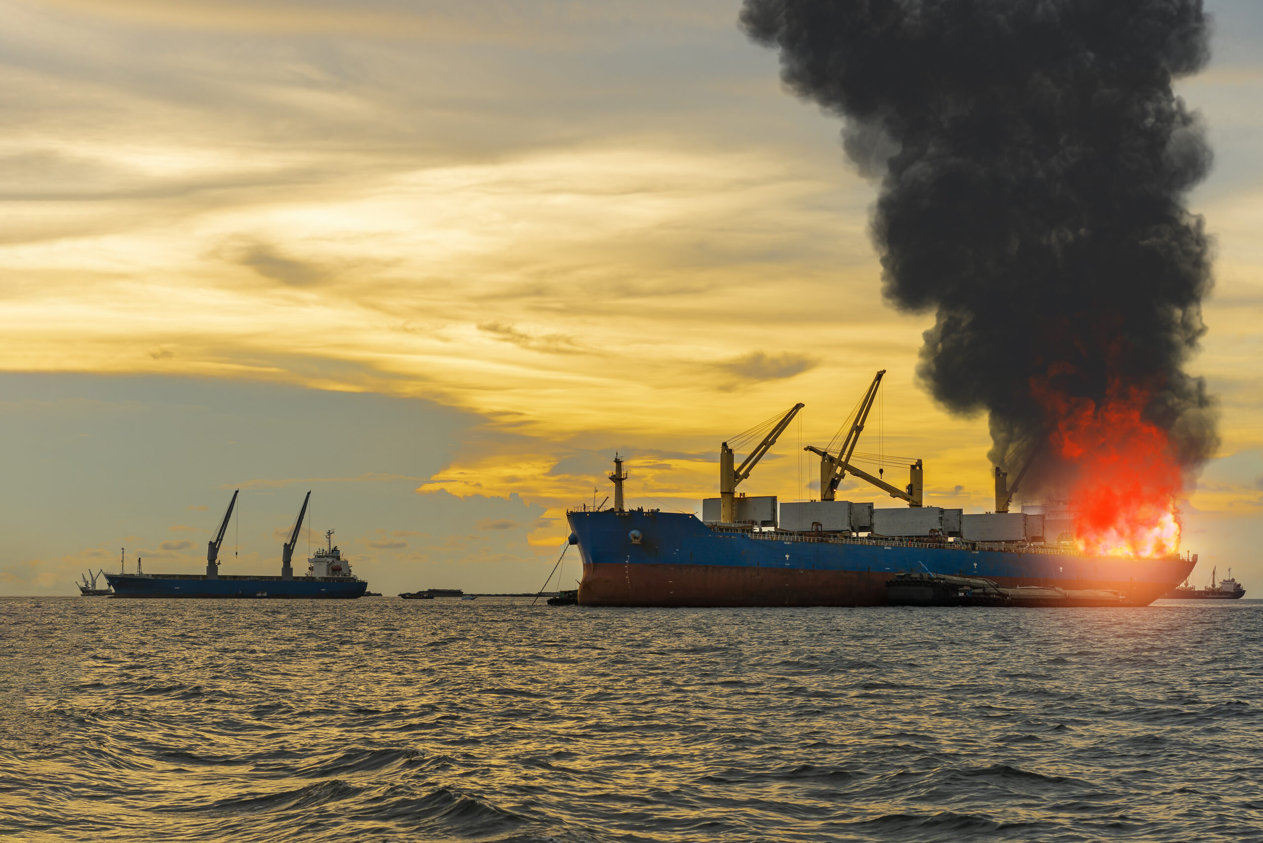 Large general cargo ship for logistic import export goods and other the explosion and had a lot of fire and smoke at sea in