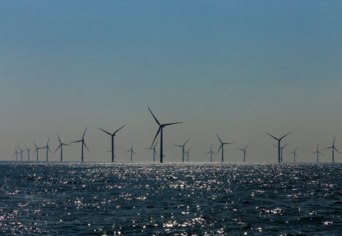 View windmill out of the coast of Rampion windfarm off the coast of Brighton, Sussex, UK