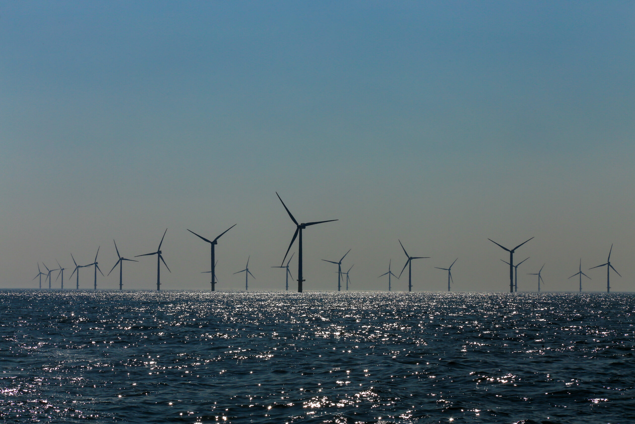 View windmill out of the coast of Rampion windfarm off the coast of Brighton, Sussex, UK