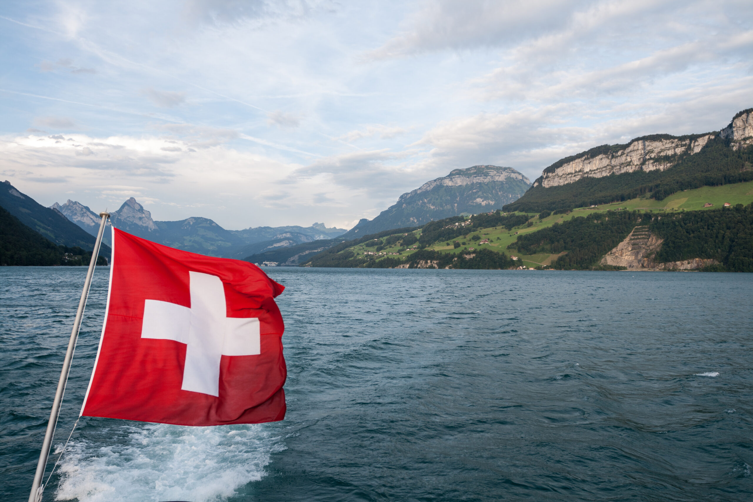 Swiss flag on a lake in Switzerland