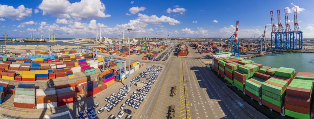 Shipping containers, Cargo Ship And New Imported Cars in Port facilities in Ashdod, Israel, Containers before Loading In Ashdod