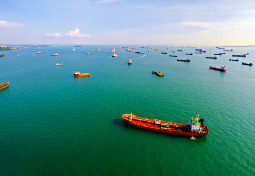 Singapore Ship traffic - anchorage on approach - vessels awaiting their turn to dock in port