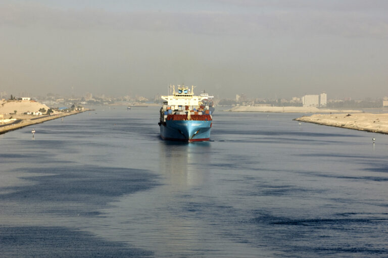 Transport ship passing through the Suez Canal in Egypt