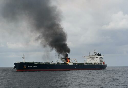 Shocking images show tanker catches fire by Houthi missile