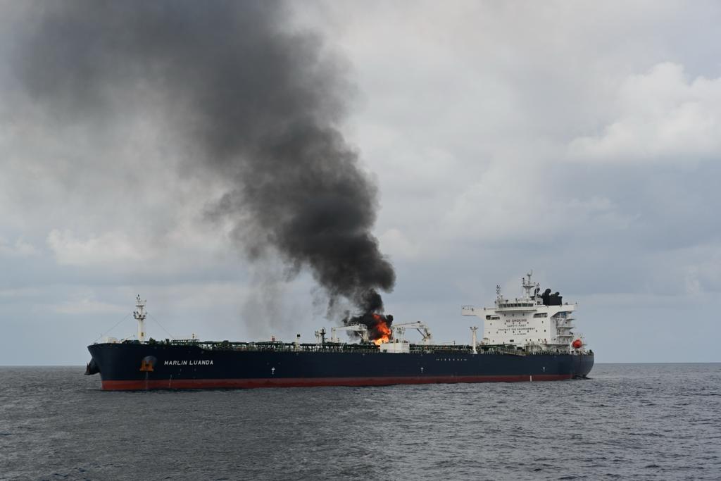 Shocking images show tanker catches fire by Houthi missile