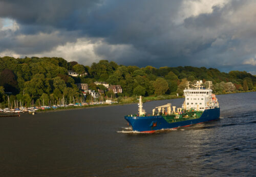 Bunkering tanker on the Elbe river in the city of Hamburg.