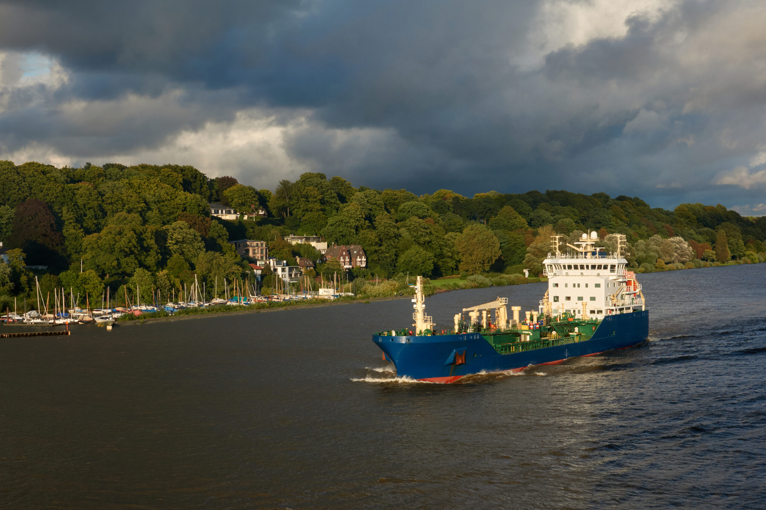 Bunkering tanker on the Elbe river in the city of Hamburg.