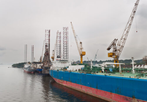 Tanker and Jackup Drilling Units in Sembawang shipyard in Singapore.