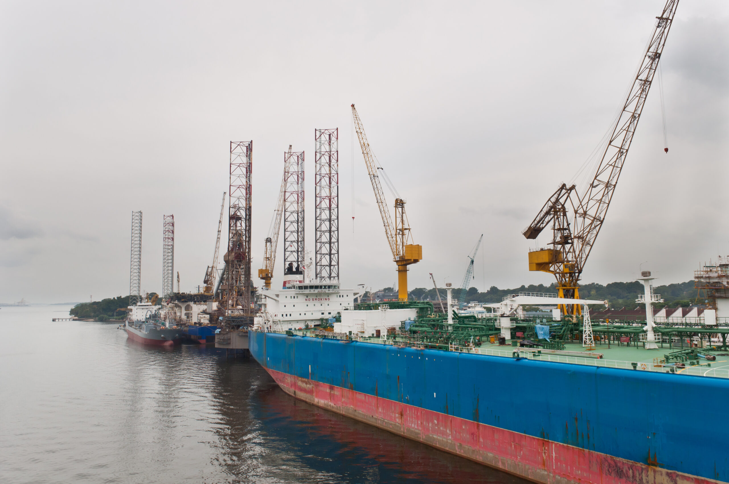 Tanker and Jackup Drilling Units in Sembawang shipyard in Singapore.