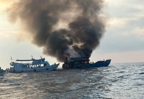 Terrified passengers try to escape from burning ferry off Thailand coast
