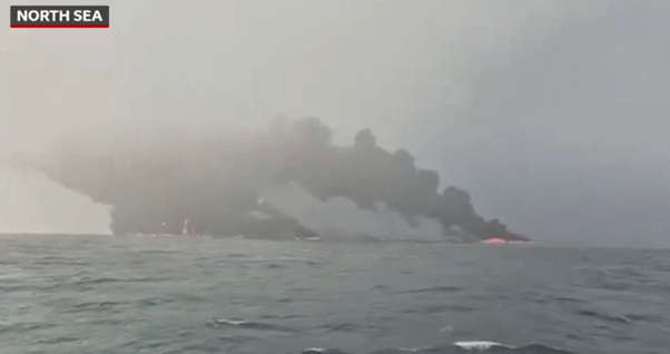 North Sea collision: tanker on fire after collision with boxship