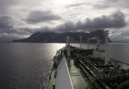 LNG carrier ship on anchorage. She is designed for transporting natural gas (LNG).