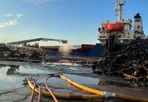 Blaze on huge bulk carrier at UK dock sends smoke into sky