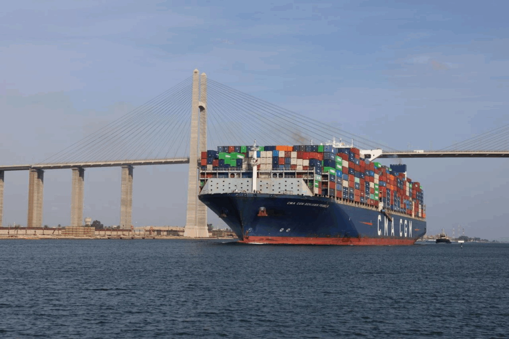 Passage of giant container ship through the Suez Canal in two years