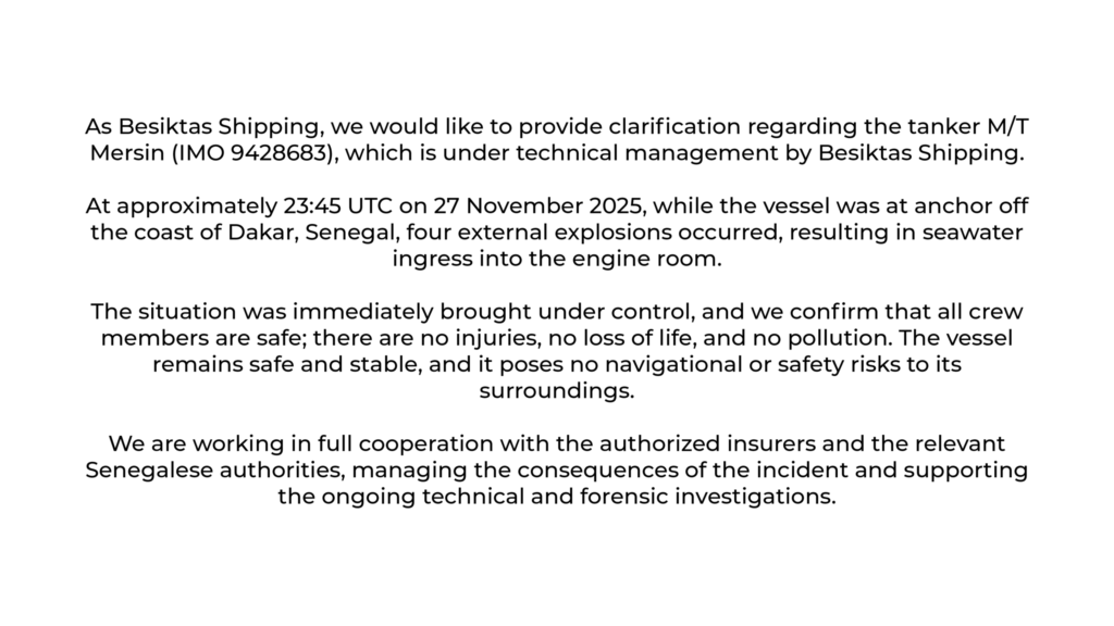 Turkish tanker hit by ‘external explosions’ off Senegal, manager says