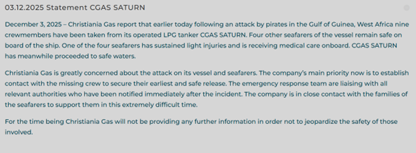Pirates storm LPG tanker and ‘9 crewmembers have been taken’: Christiania Gas