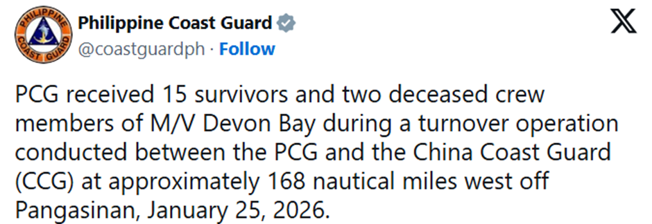 PCG receives 15 survivors, 2 deceased crew from K Line’s capsized bulker