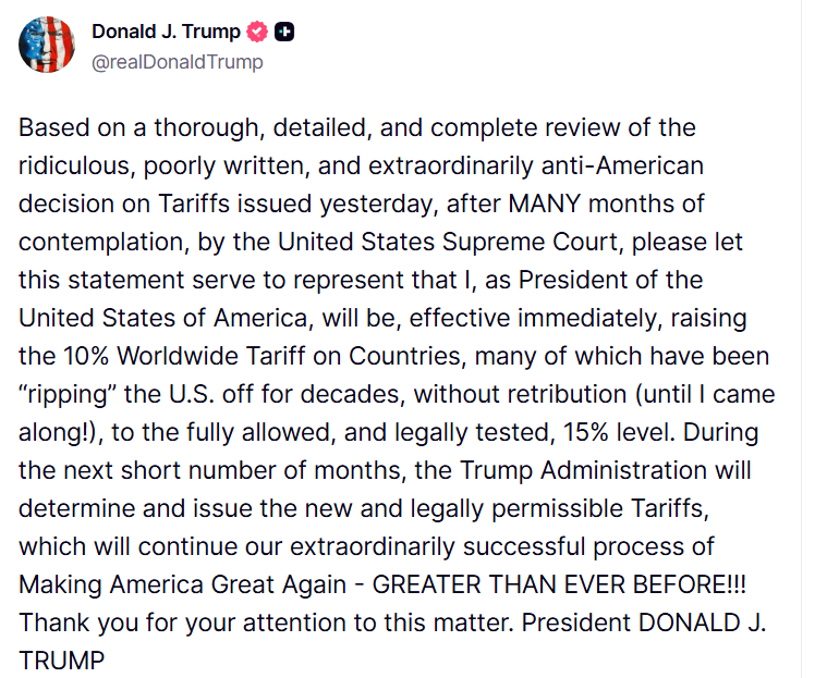 Trump announces 10% global tariff and rails against Supreme Court ruling