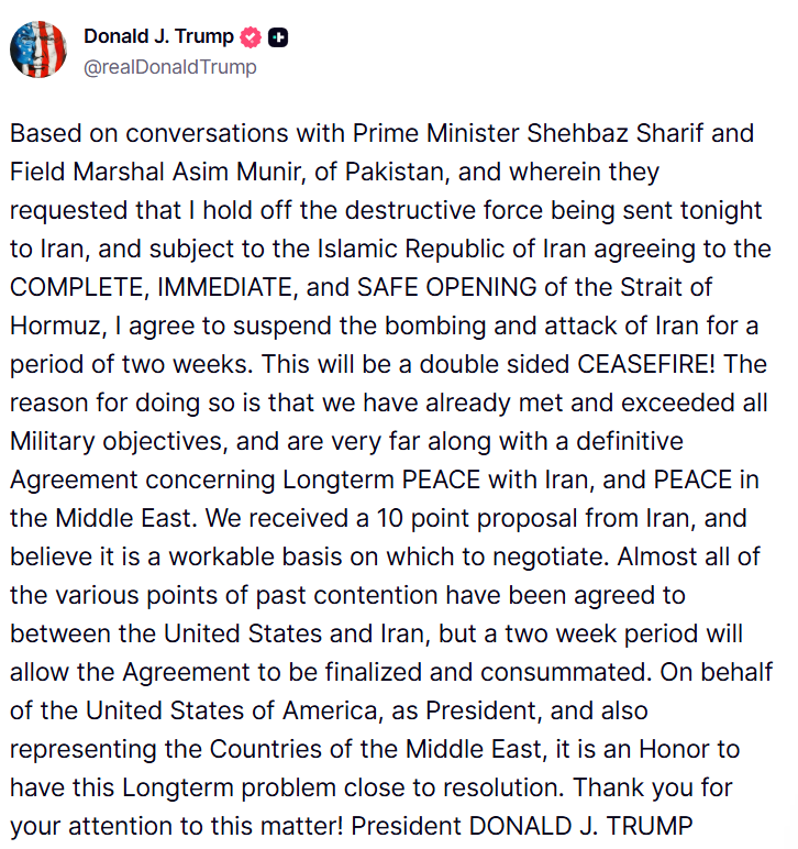 Trump agrees to 2-week ceasefire if Iran opens Strait of Hormuz