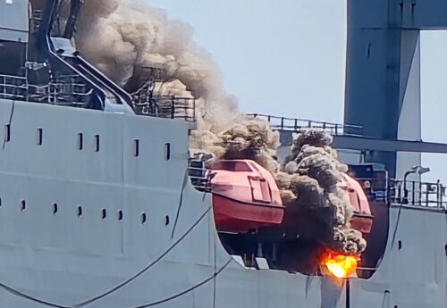 Crews investigate after two lifeboats catch fire aboard ship