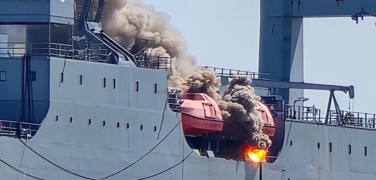Crews investigate after two lifeboats catch fire aboard ship